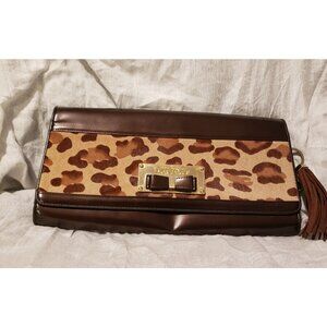Lovecat Animal Print Trimmed Brown Leather Clutch Handbag Chain Strap Tassel EUC